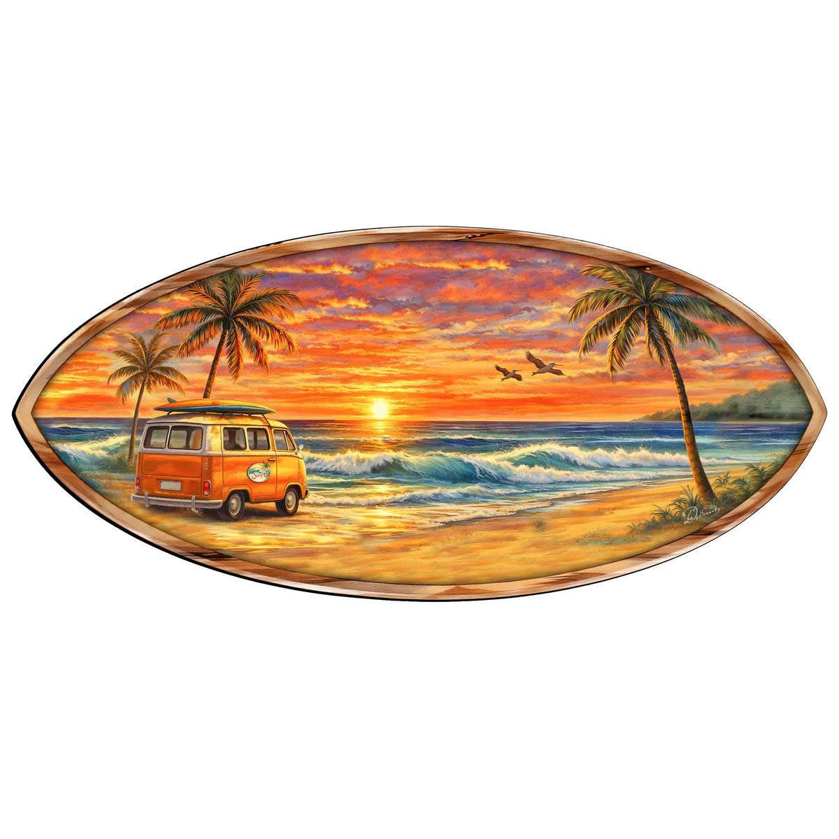 Sunset Beach Van Surfboard Wall Art – Handcrafted Coastal Wooden Decor by G.DeBrekht – Beach House Ocean Decor – 8490166HS