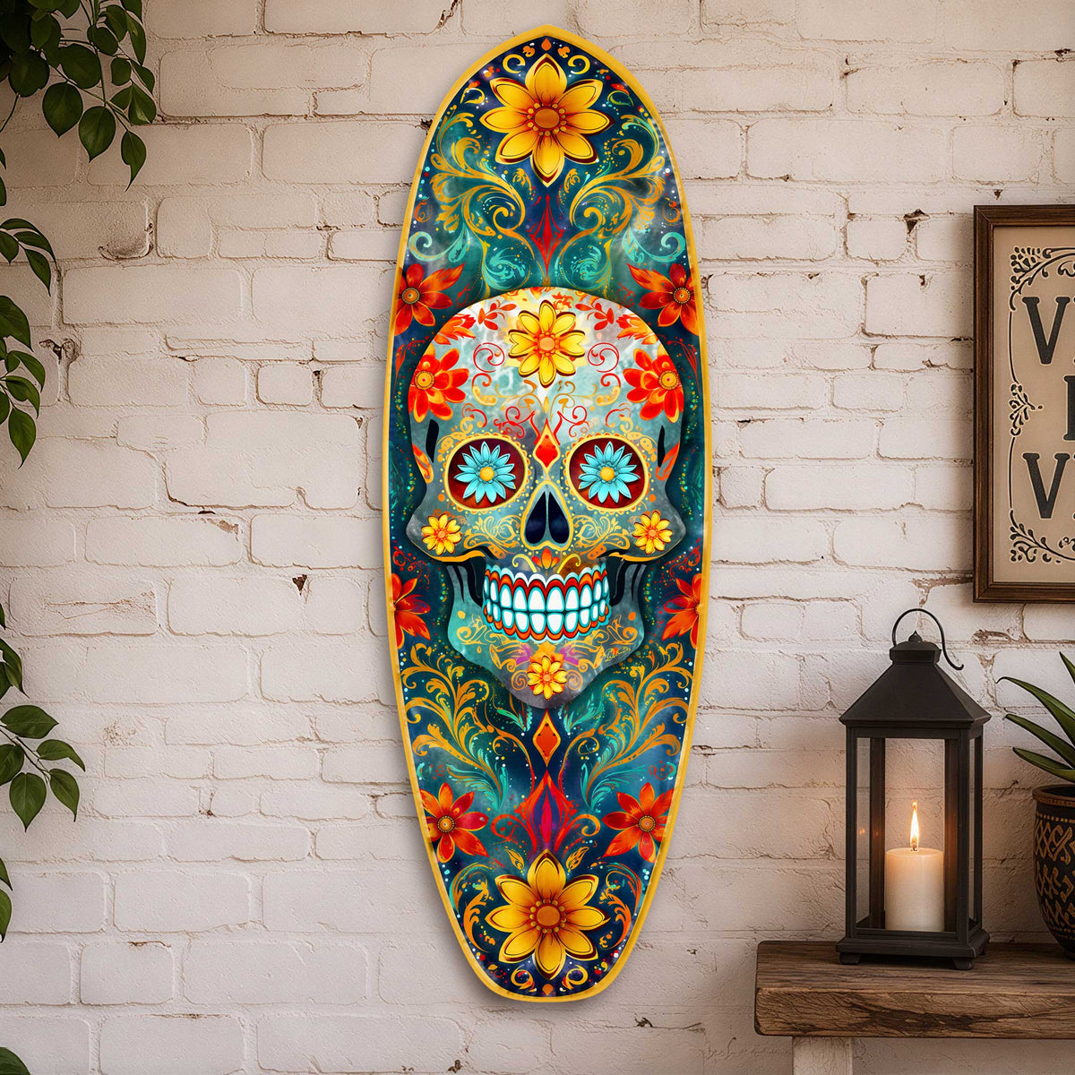 Day of the Dead Skull Surfboard Wall Art - Handcrafted Coastal Wooden Decor by G.DeBrekht – 8490167HS