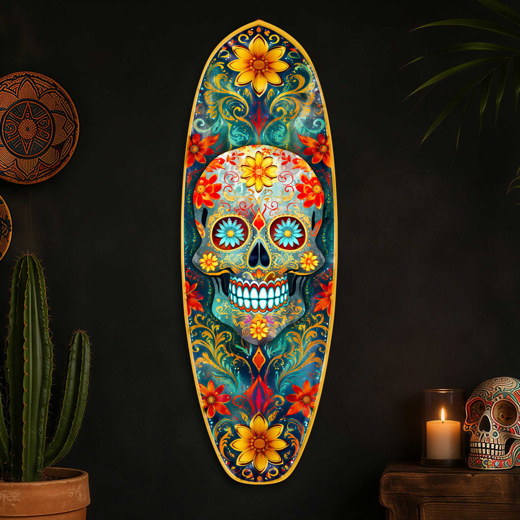 Day of the Dead Skull Surfboard Wall Art - Handcrafted Coastal Wooden Decor by G.DeBrekht – 8490167HS