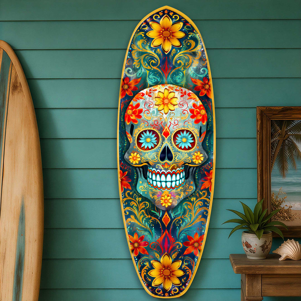 Day of the Dead Skull Surfboard Wall Art - Handcrafted Coastal Wooden Decor by G.DeBrekht – 8490167HS