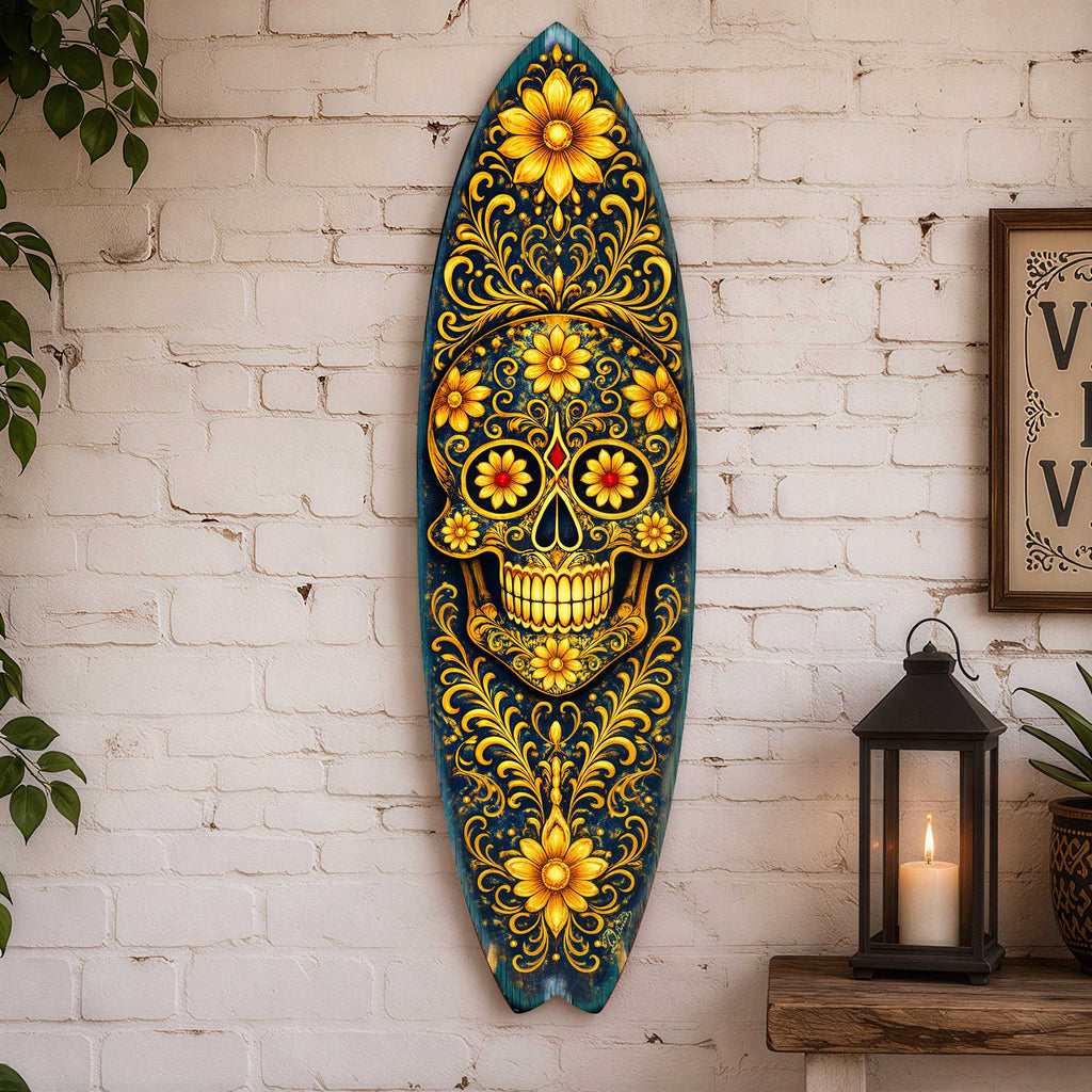 Gold Floral Sugar Skull Surfboard Wall Art - Day of the Dead Decor - Handcrafted Coastal Wooden Decor by G.DeBrekht – 8490169HS