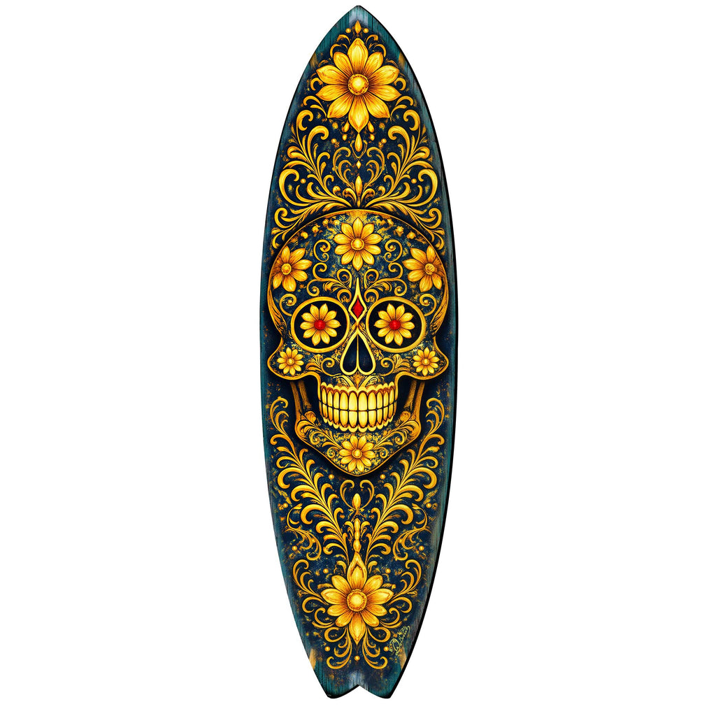 Gold Floral Sugar Skull Surfboard Wall Art - Day of the Dead Decor - Handcrafted Coastal Wooden Decor by G.DeBrekht – 8490169HS