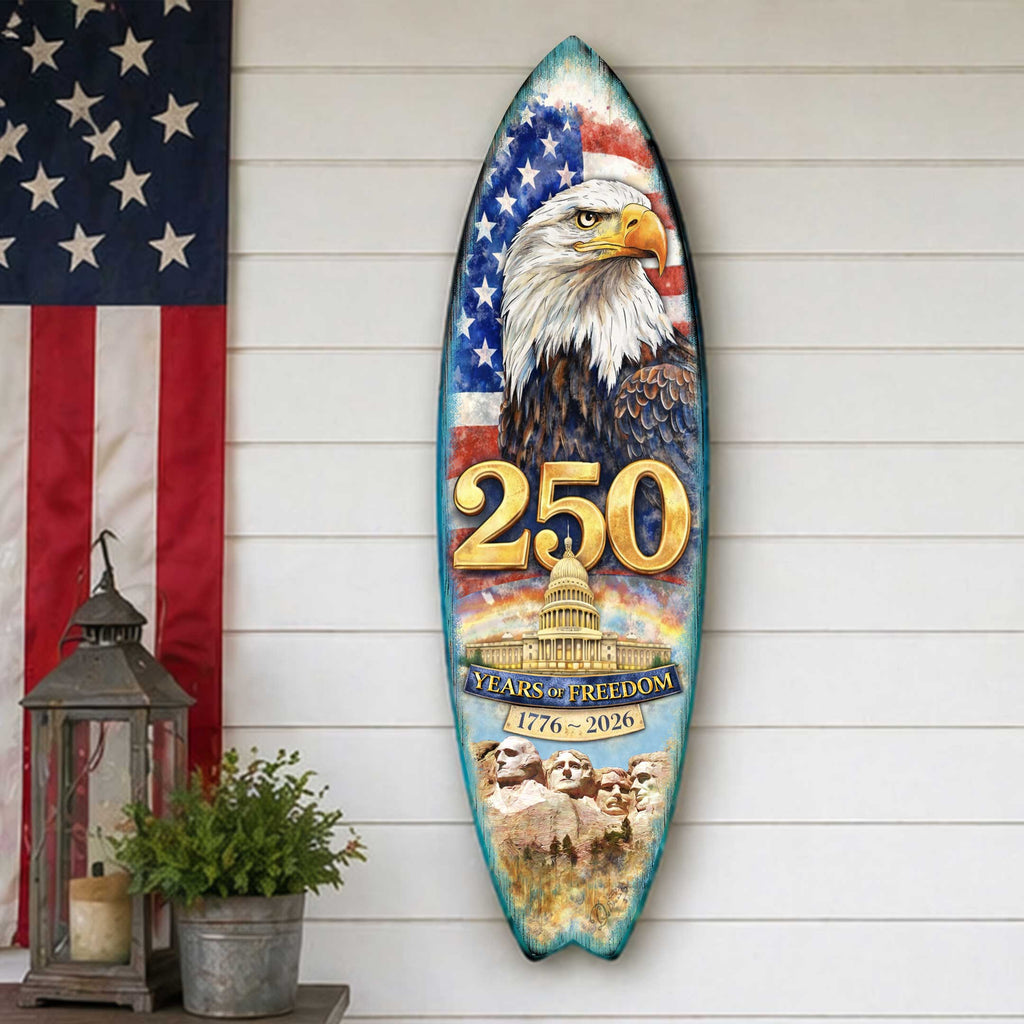 250 Years of Freedom Surfboard Wall Art – Patriotic Home Decor - Handcrafted Coastal Wooden Decor by G.DeBrekht – 8490171HS