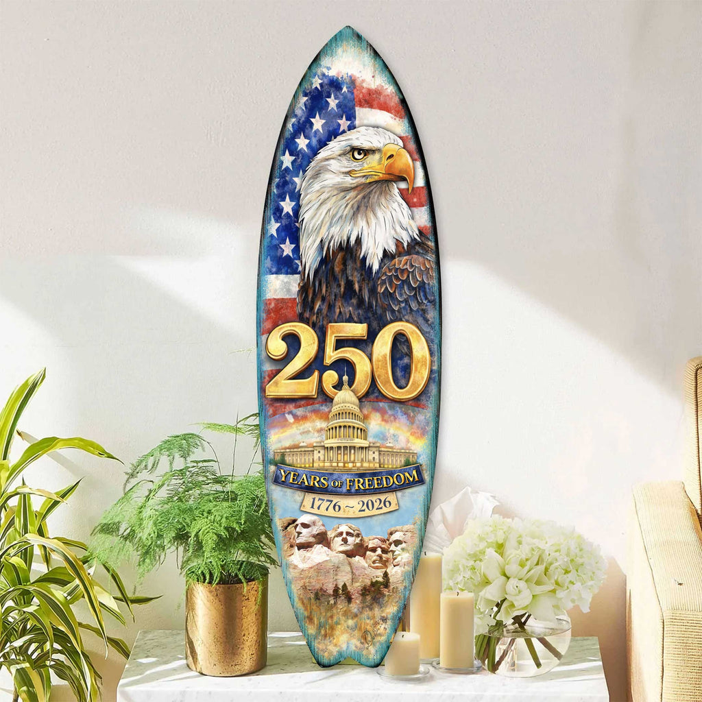 250 Years of Freedom Surfboard Wall Art – Patriotic Home Decor - Handcrafted Coastal Wooden Decor by G.DeBrekht – 8490171HS