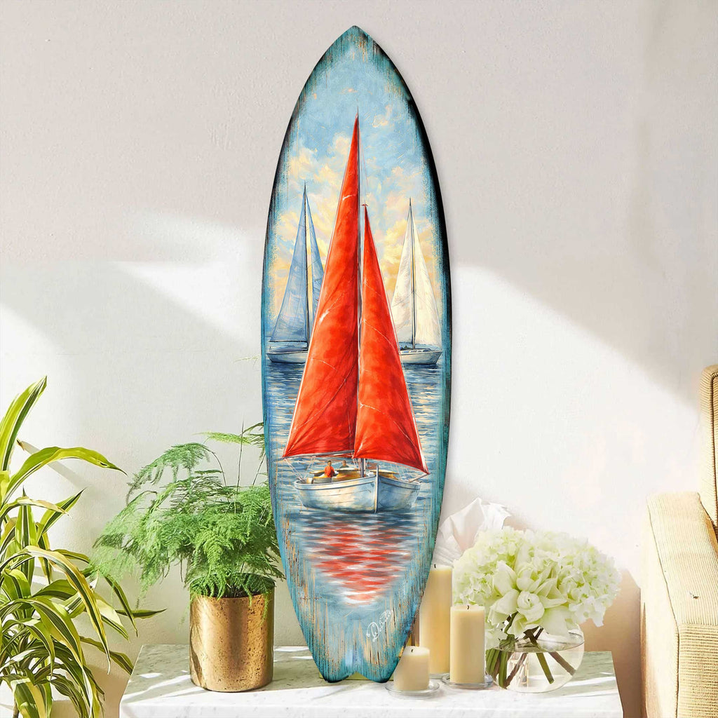 Red Sailboat Surfboard Wall Art – Coastal Nautical Boat Decor - Handcrafted Coastal Wooden Decor by G.DeBrekht – 8490172HS