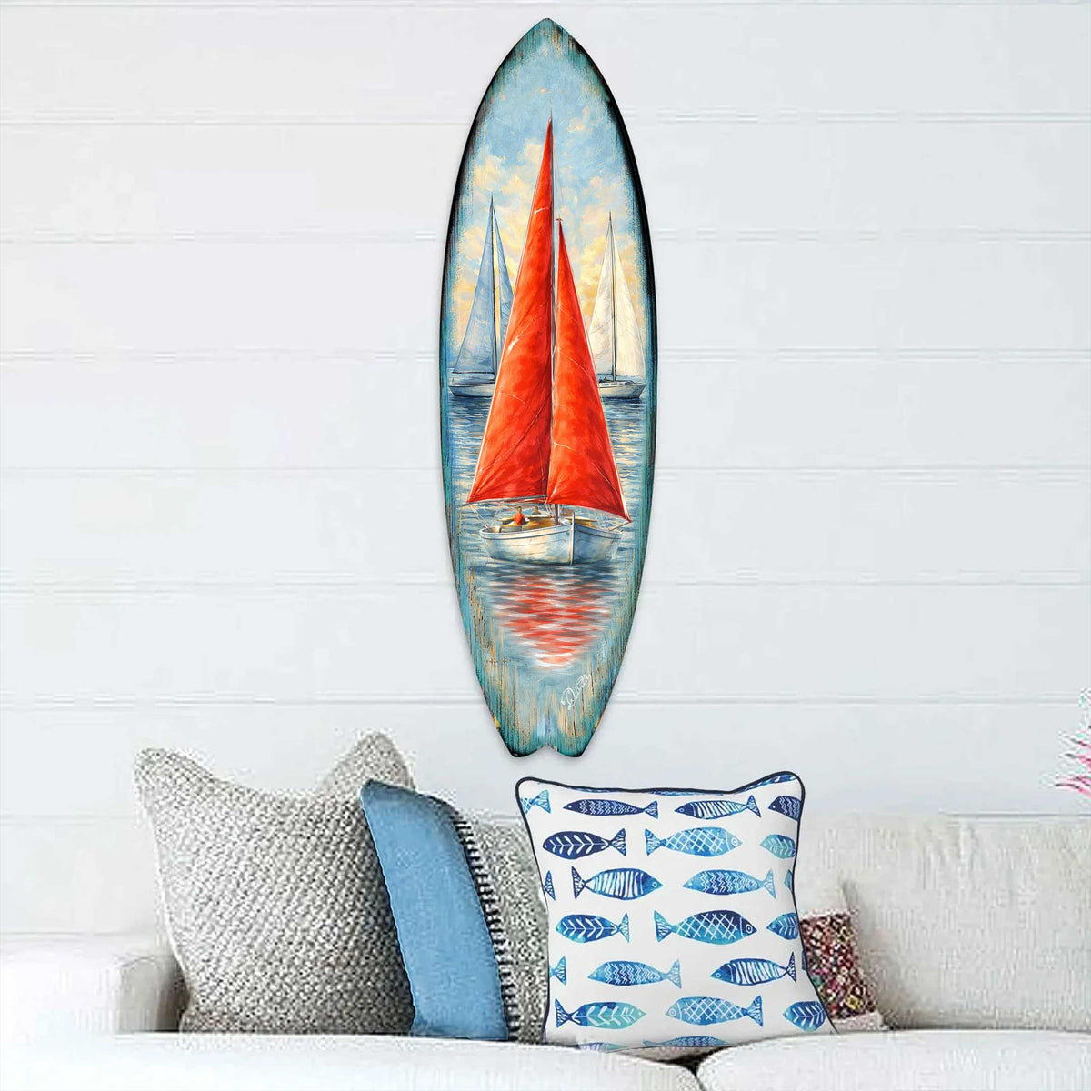 Red Sailboat Surfboard Wall Art – Coastal Nautical Boat Decor - Handcrafted Coastal Wooden Decor by G.DeBrekht – 8490172HS