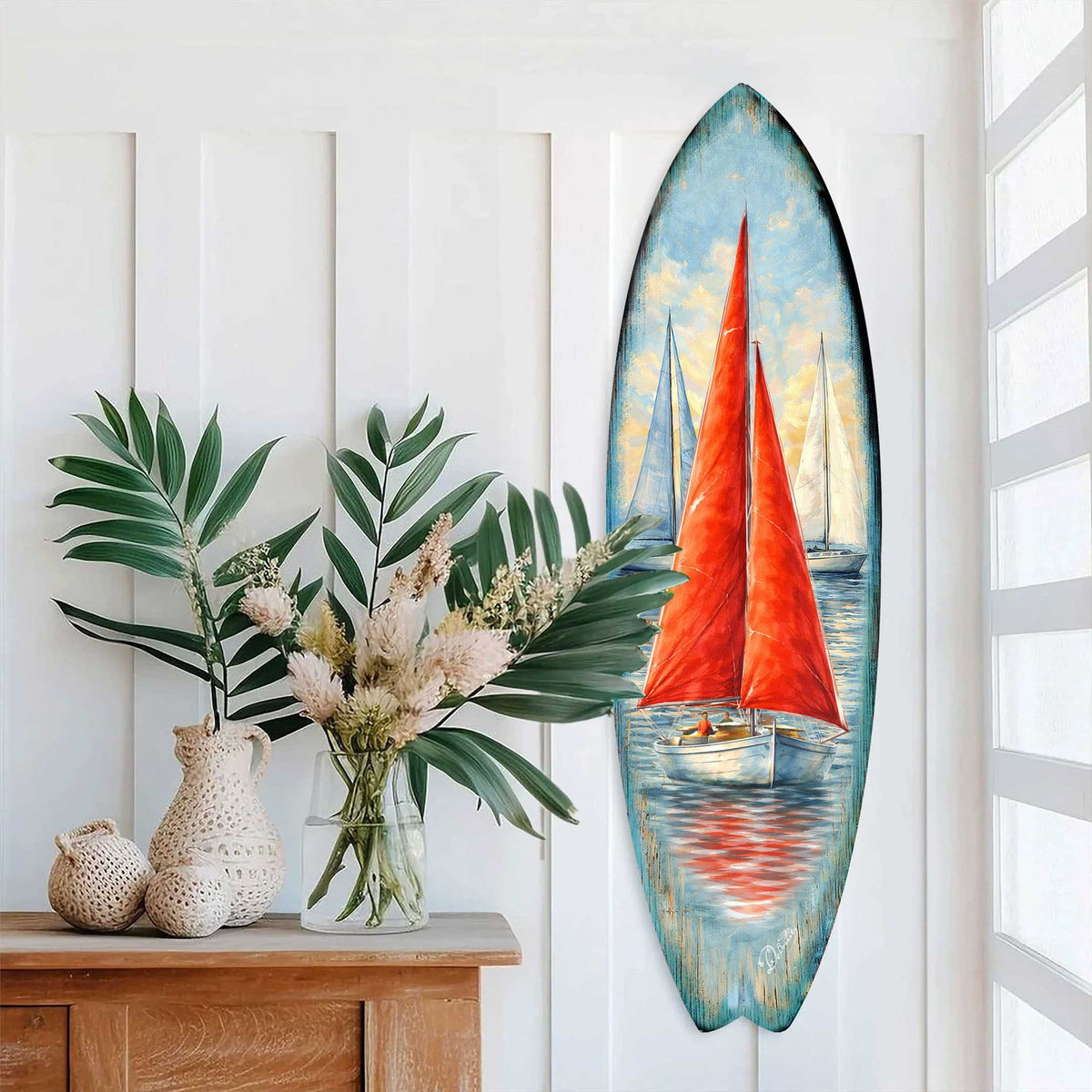 Red Sailboat Surfboard Wall Art – Coastal Nautical Boat Decor - Handcrafted Coastal Wooden Decor by G.DeBrekht – 8490172HS