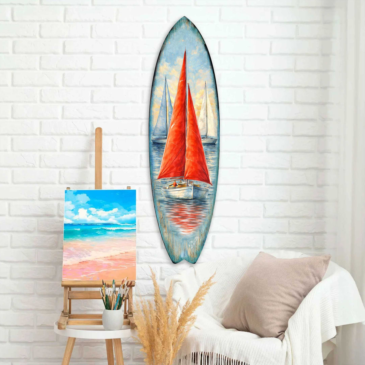 Red Sailboat Surfboard Wall Art – Coastal Nautical Boat Decor - Handcrafted Coastal Wooden Decor by G.DeBrekht – 8490172HS