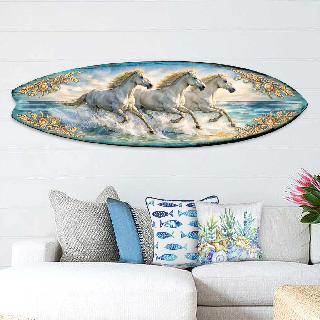 Running Horses Surfboard Wall Art – Coastal Ocean Horse Decor - Handcrafted Coastal Wooden Decor by G.DeBrekht – 8490173HS