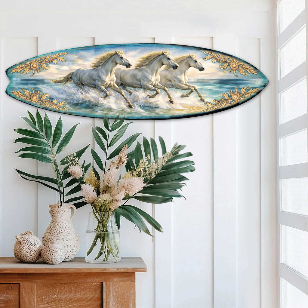 Running Horses Surfboard Wall Art – Coastal Ocean Horse Decor - Handcrafted Coastal Wooden Decor by G.DeBrekht – 8490173HS