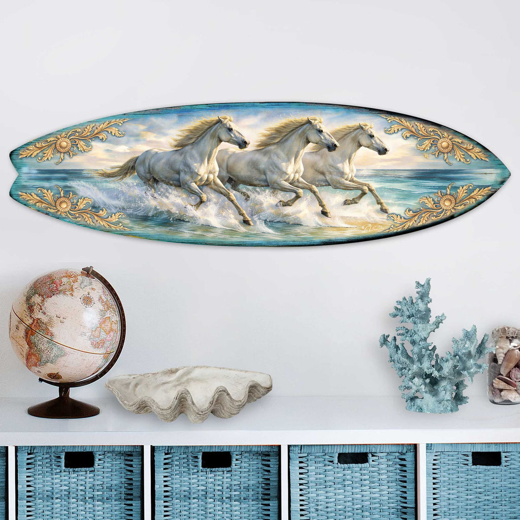Running Horses Surfboard Wall Art – Coastal Ocean Horse Decor - Handcrafted Coastal Wooden Decor by G.DeBrekht – 8490173HS