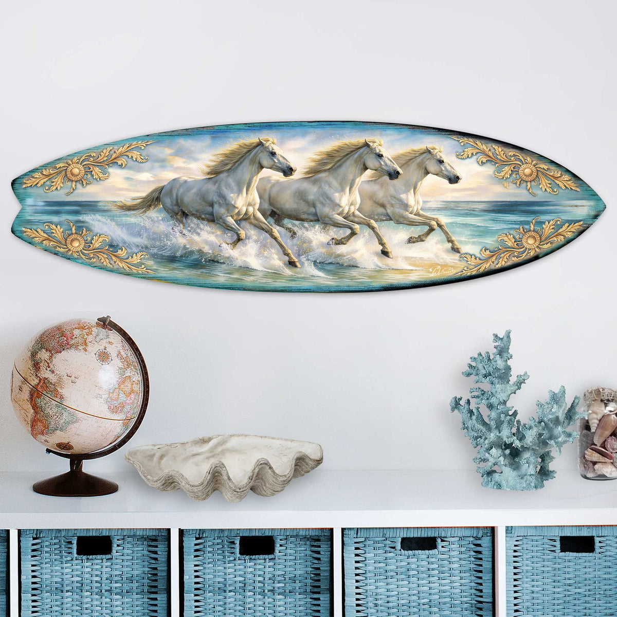 Running Horses Surfboard Wall Art – Coastal Ocean Horse Decor - Handcrafted Coastal Wooden Decor by G.DeBrekht – 8490173HS