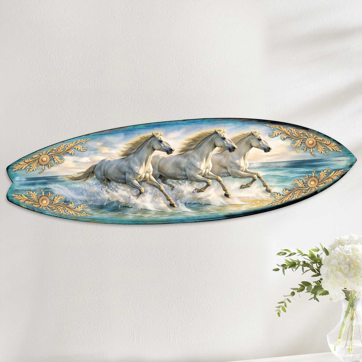 Running Horses Surfboard Wall Art – Coastal Ocean Horse Decor - Handcrafted Coastal Wooden Decor by G.DeBrekht – 8490173HS