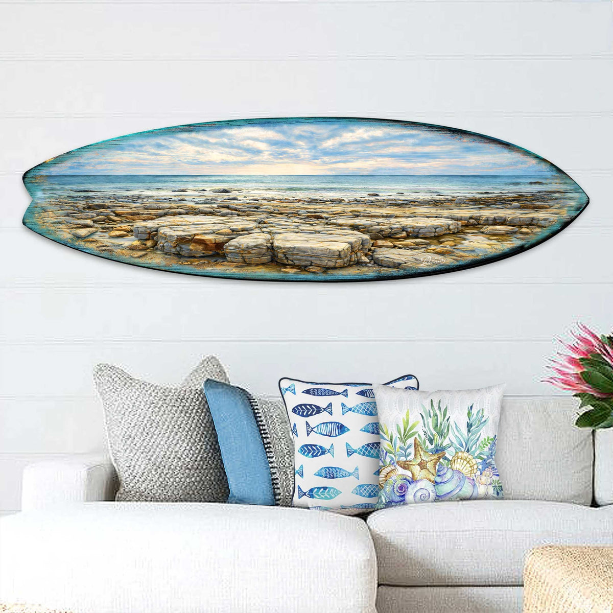 Rocky Shore Surfboard Wall Art – Coastal Ocean Landscape Decor – Handcrafted Coastal Wooden Decor by G.DeBrekht – 8490174HS
