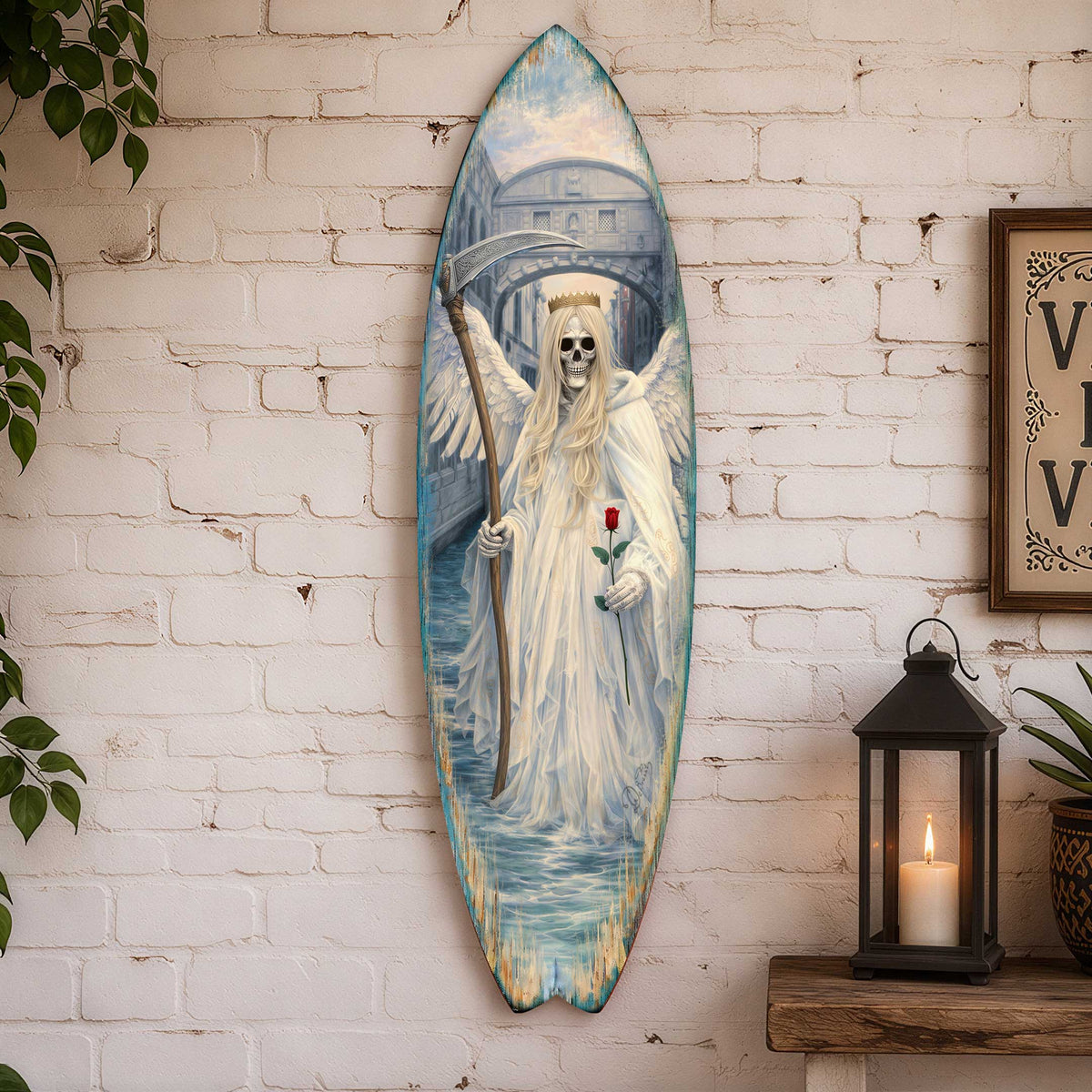Angel of Death Surfboard Wall Art – Gothic Halloween Decor – Handcrafted Coastal Wooden Decor by G.DeBrekht – 8490175HS