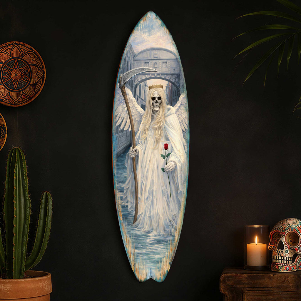 Angel of Death Surfboard Wall Art – Gothic Halloween Decor – Handcrafted Coastal Wooden Decor by G.DeBrekht – 8490175HS