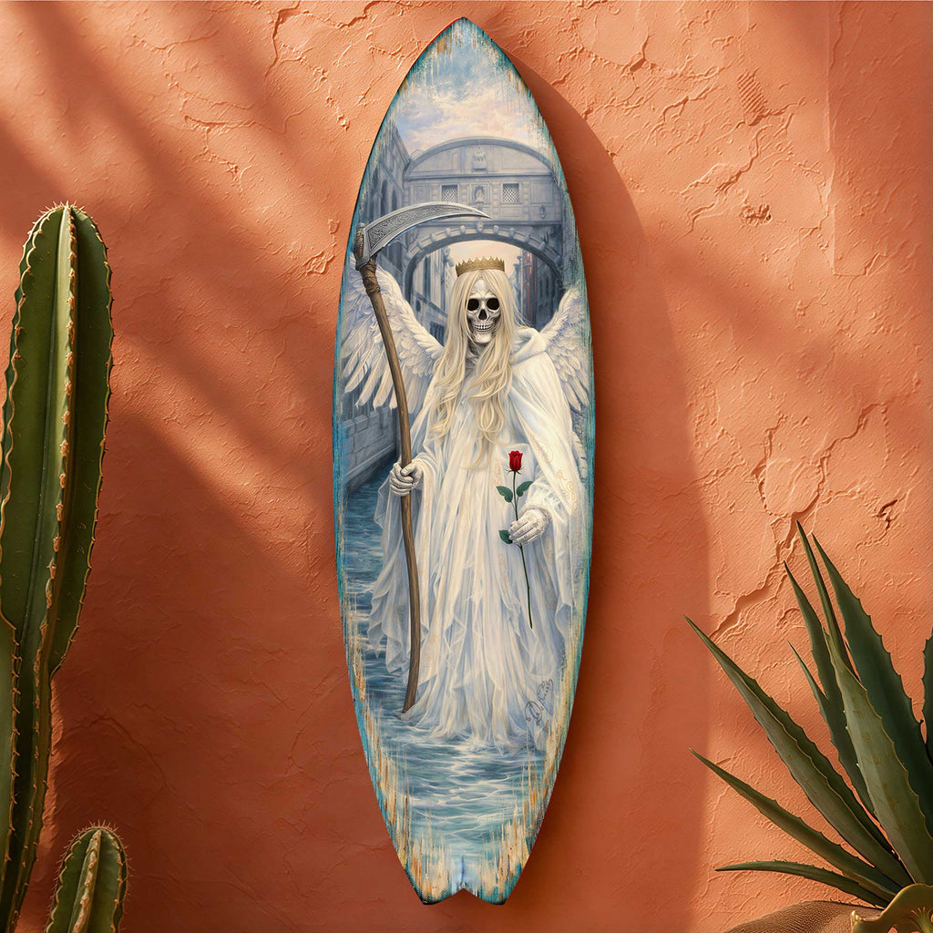 Angel of Death Surfboard Wall Art – Gothic Halloween Decor – Handcrafted Coastal Wooden Decor by G.DeBrekht – 8490175HS