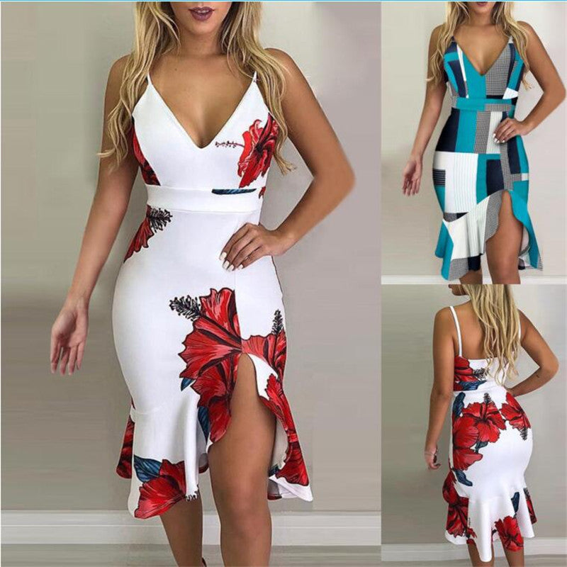 Women's Printed Halter Irregular Midi Dress
