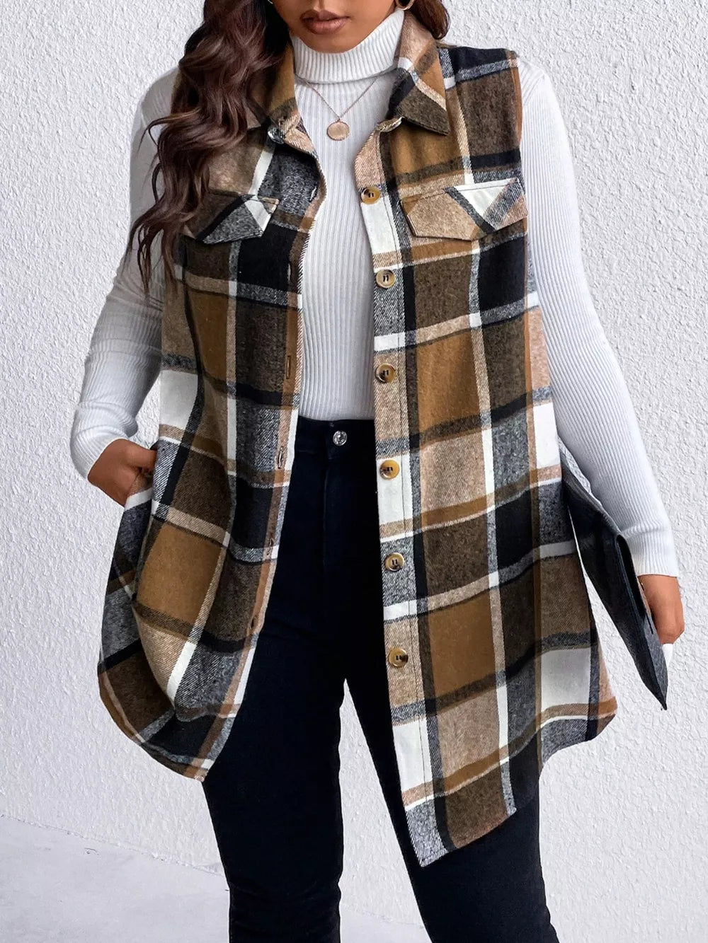 Pocketed Plaid Button Up Vest Coat