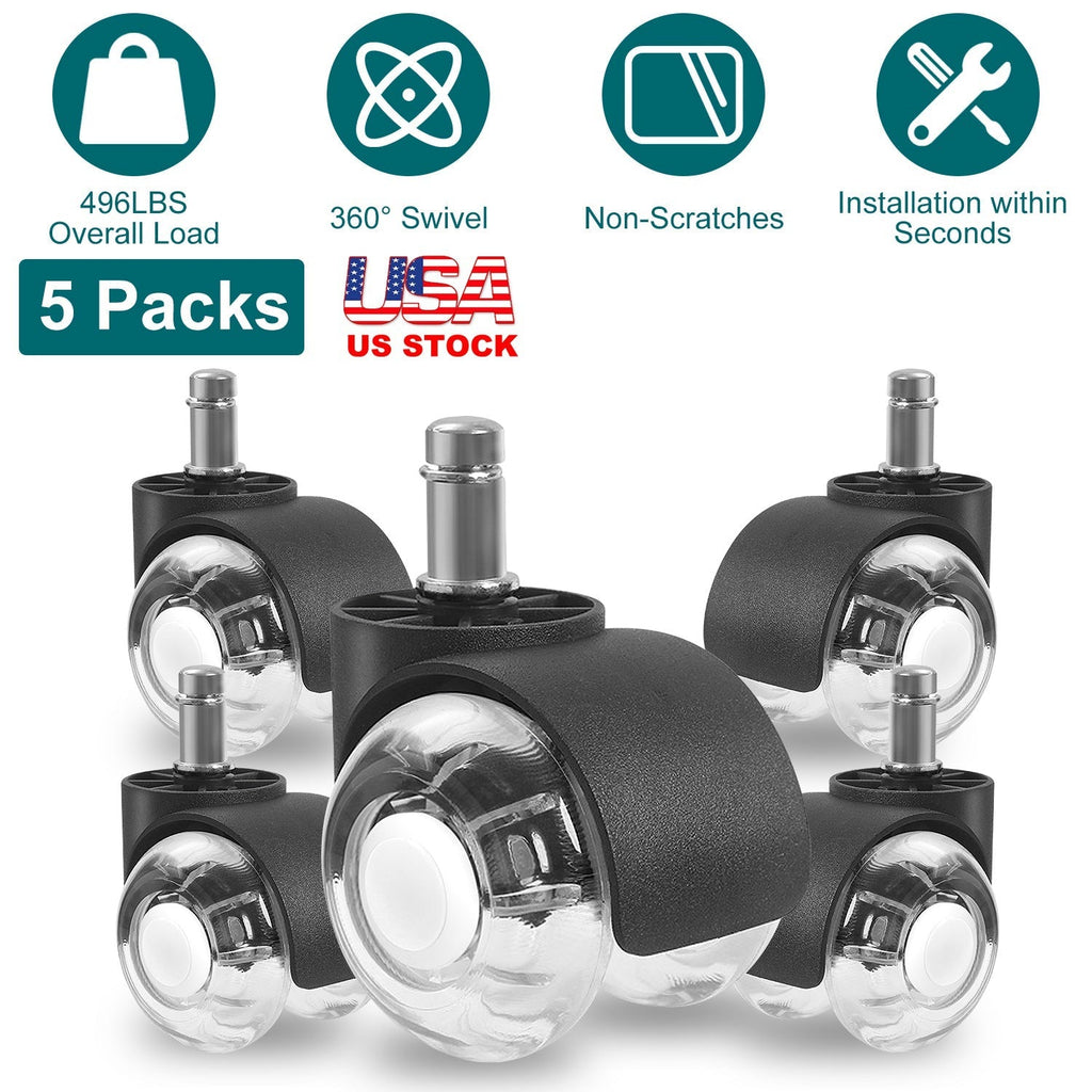 5Pcs Office Chair Wheels Polyurethane Rolling Caster Replacement for Hardwood Floor Carpet Universal Fit 496LBS Max Load