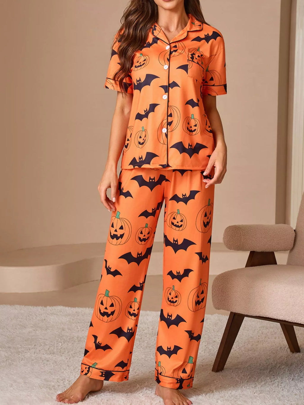 Halloween Pumpkin and Bat Print Button-Down Top and Pants Lounge Set