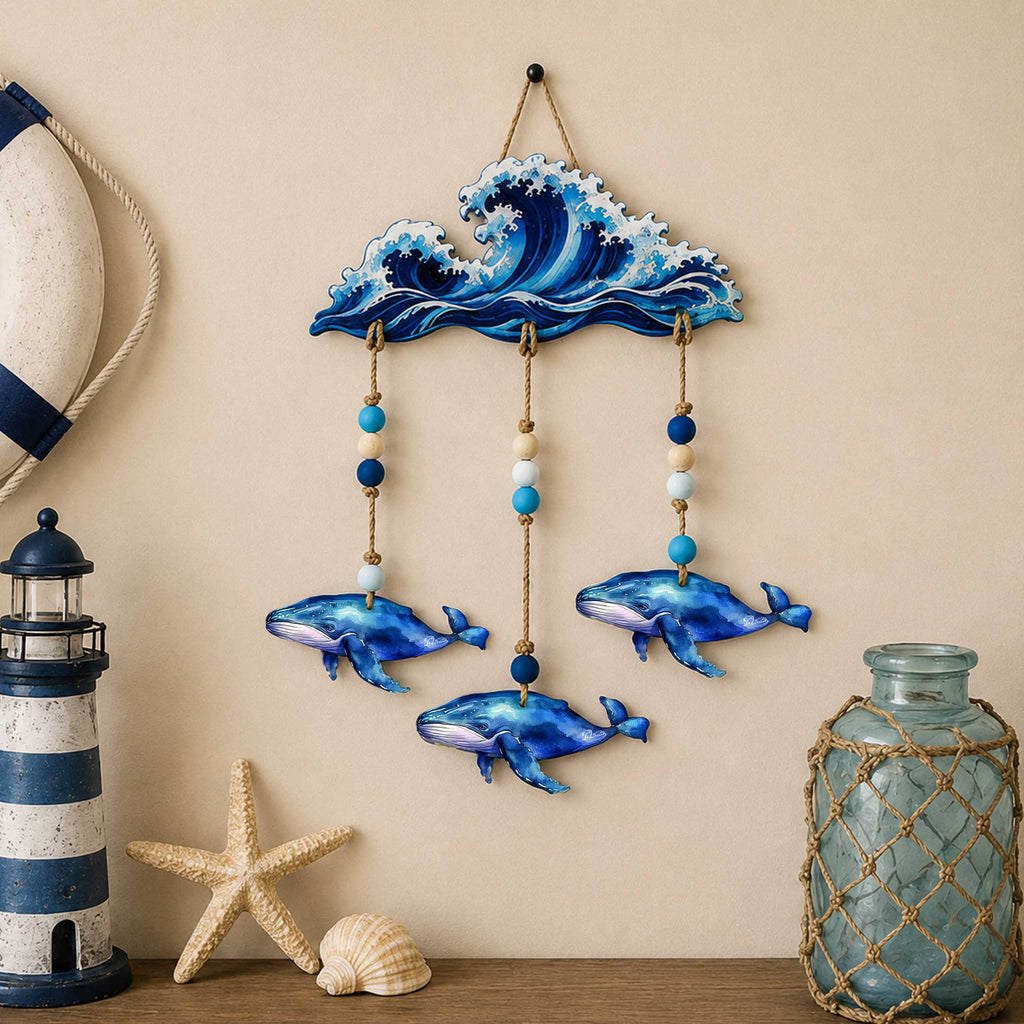 Coastal Whale Wall Hanging - Nautical Wooden Garland – Ocean-Themed Wall Decor - 862101-S4