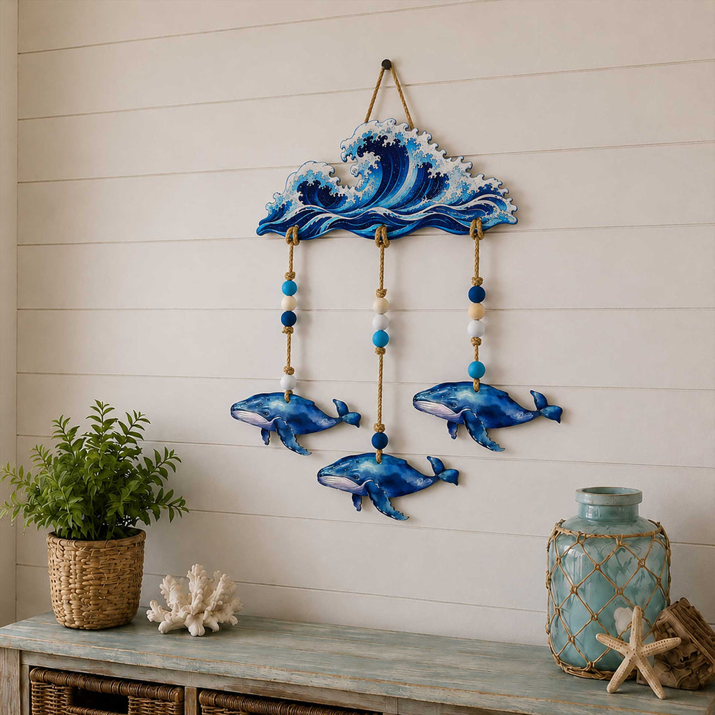 Coastal Whale Wall Hanging - Nautical Wooden Garland – Ocean-Themed Wall Decor - 862101-S4