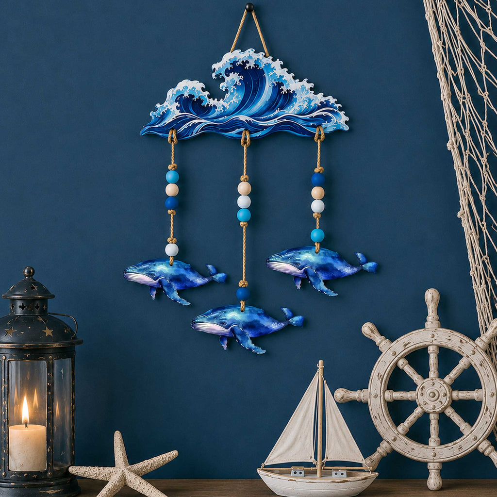 Coastal Whale Wall Hanging - Nautical Wooden Garland – Ocean-Themed Wall Decor - 862101-S4