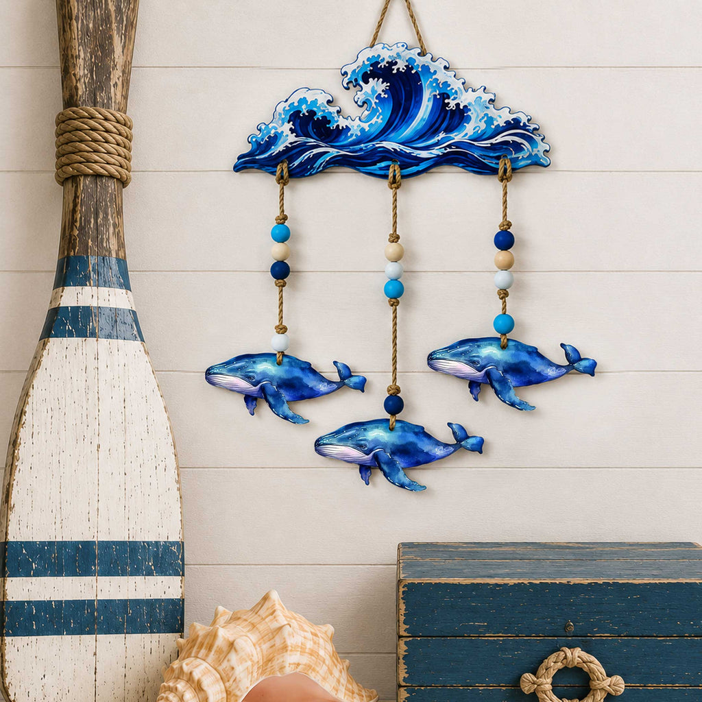 Coastal Whale Wall Hanging - Nautical Wooden Garland – Ocean-Themed Wall Decor - 862101-S4