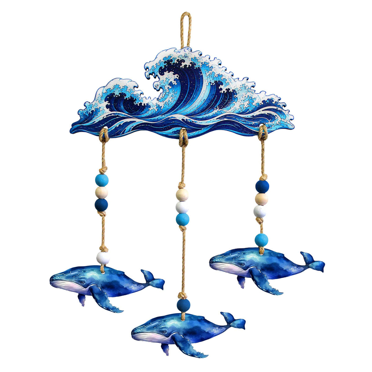 Coastal Whale Wall Hanging - Nautical Wooden Garland – Ocean-Themed Wall Decor - 862101-S4
