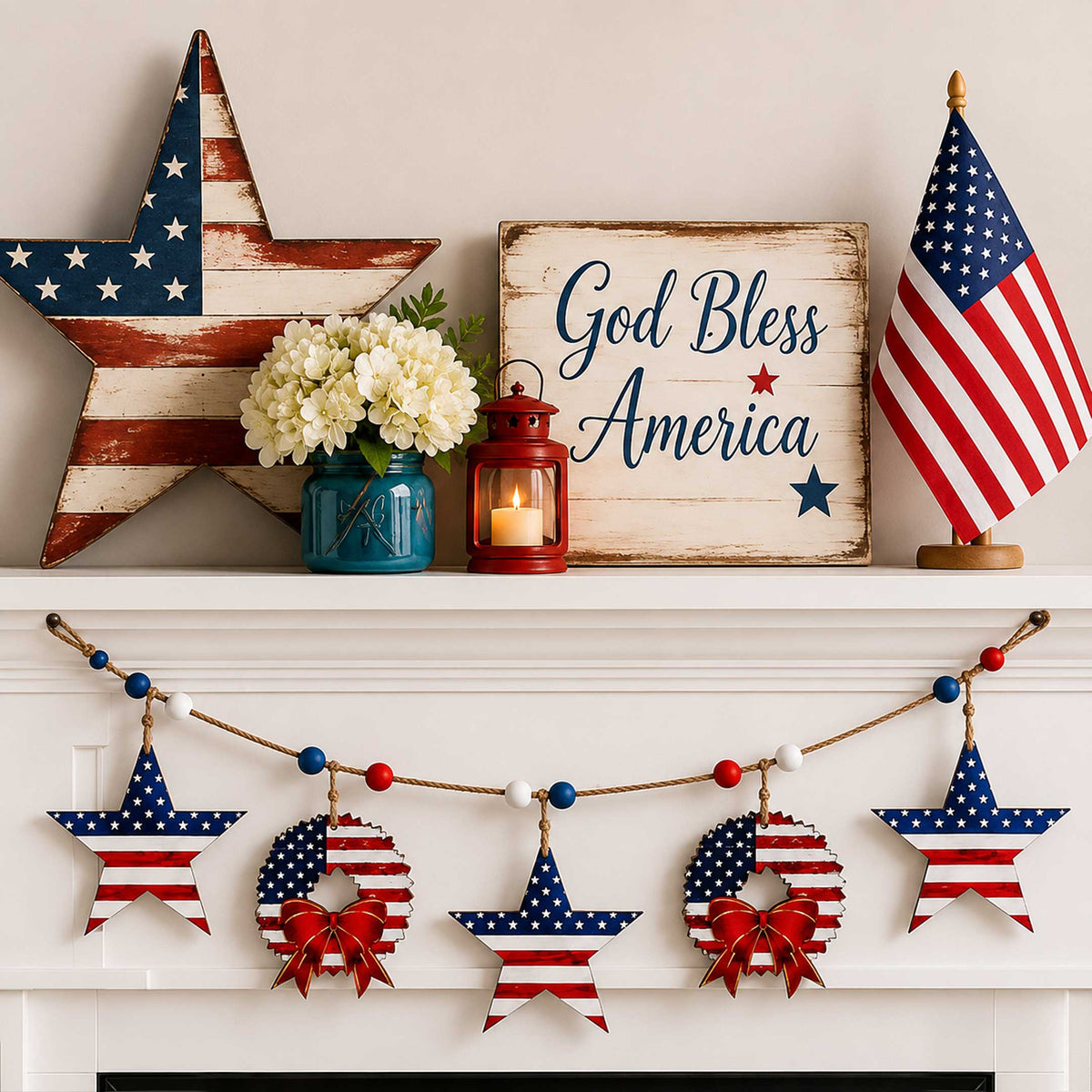 Patriotic Wooden Garland – Stars & Wreaths Americana Wall Decor - 862102-S5