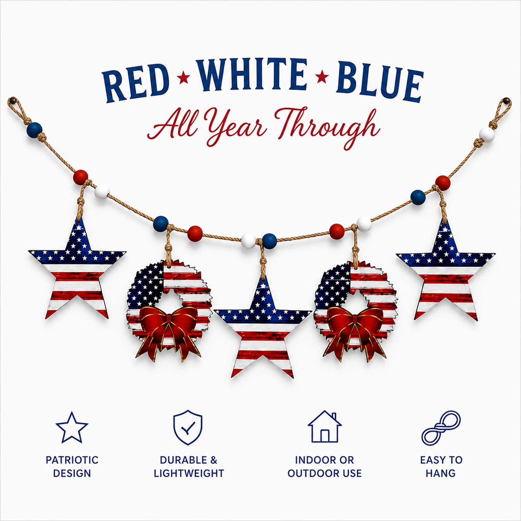 Patriotic Wooden Garland – Stars & Wreaths Americana Wall Decor - 862102-S5