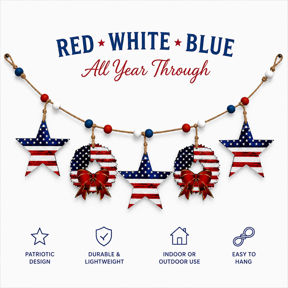 Patriotic Wooden Garland – Stars & Wreaths Americana Wall Decor - 862102-S5