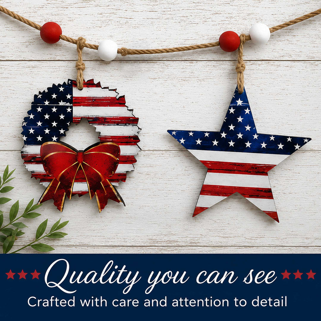 Patriotic Wooden Garland – Stars & Wreaths Americana Wall Decor - 862102-S5