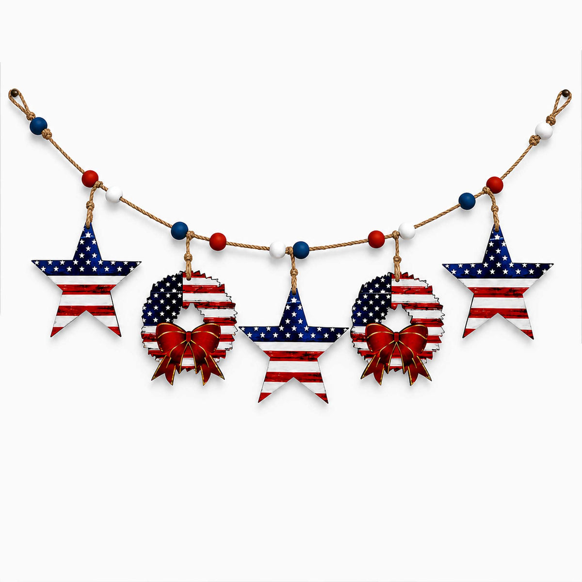 Patriotic Wooden Garland – Stars & Wreaths Americana Wall Decor - 862102-S5