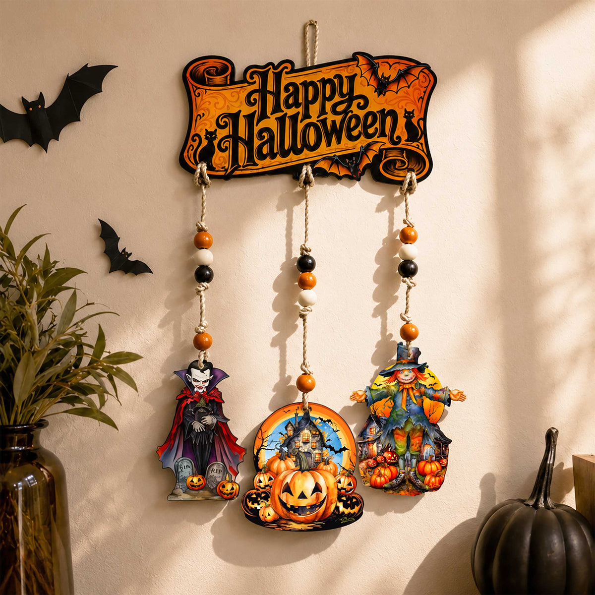 Happy Halloween Wooden Wall Hanger with 3 Hanging Decorations – Handcrafted Halloween Décor – 862104-S4