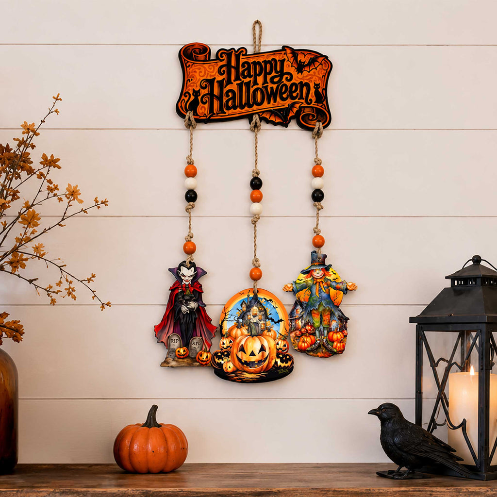 Happy Halloween Wooden Wall Hanger with 3 Hanging Decorations – Handcrafted Halloween Décor – 862104-S4