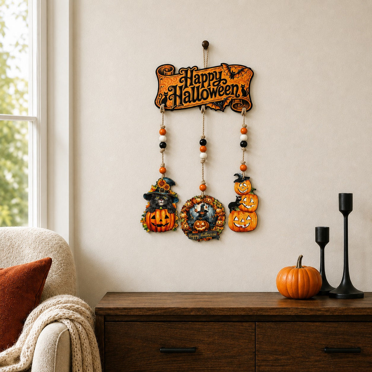 Happy Halloween Wooden Wall Hanger with 3 Pumpkin Decorations – Handcrafted Halloween Décor – 862105-S4