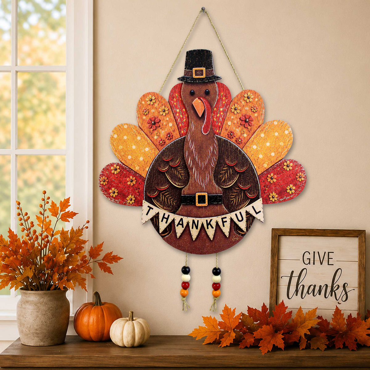 Thankful Turkey Wooden Door Hanger – Thanksgiving Fall Wall Décor – 862107H