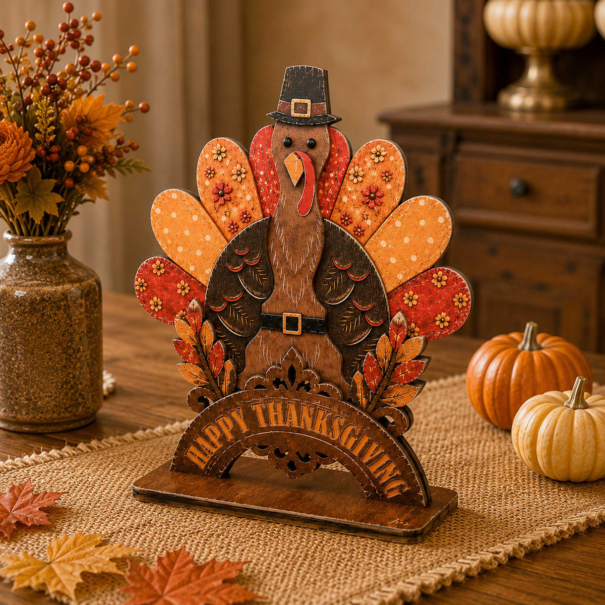Happy Thanksgiving Turkey Wooden Tabletop Decoration – Fall Harvest Décor by G. Debrekht – 862110