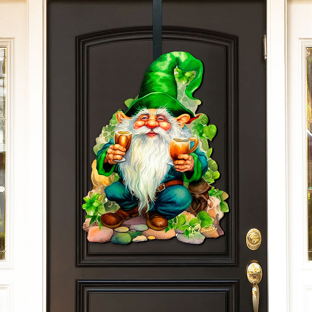 St. Patrick’s Day Gnome Door Hanger – Irish Leprechaun Green Door Decor – Handcrafted Wooden Holiday Wall Art by G. DeBrekht – 8652778H