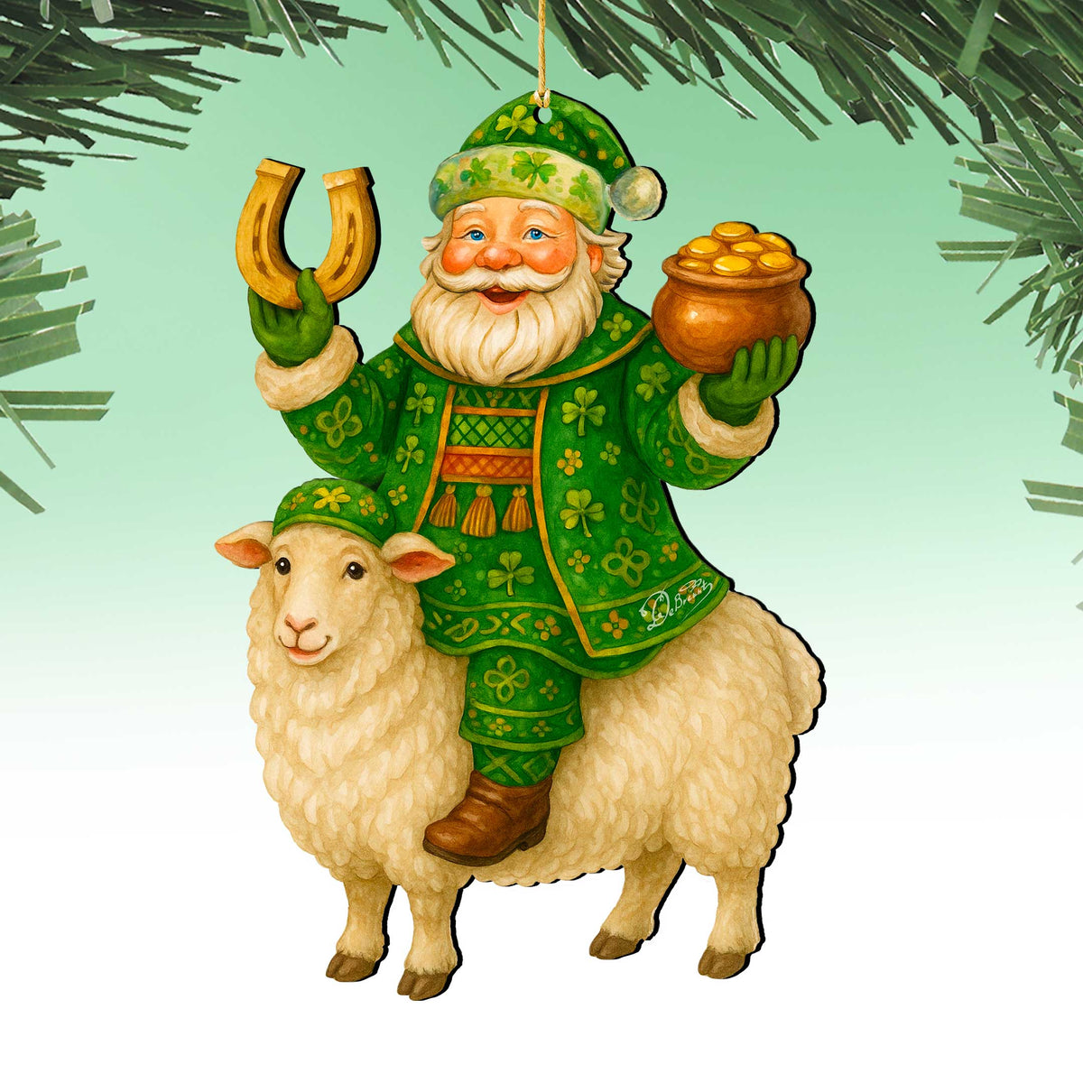 Wooden Irish Santa Ornament – Shamrock Santa on Sheep with Pot of Gold by G. DeBrekht - Christmas Santa Snowman Decor – 8652843