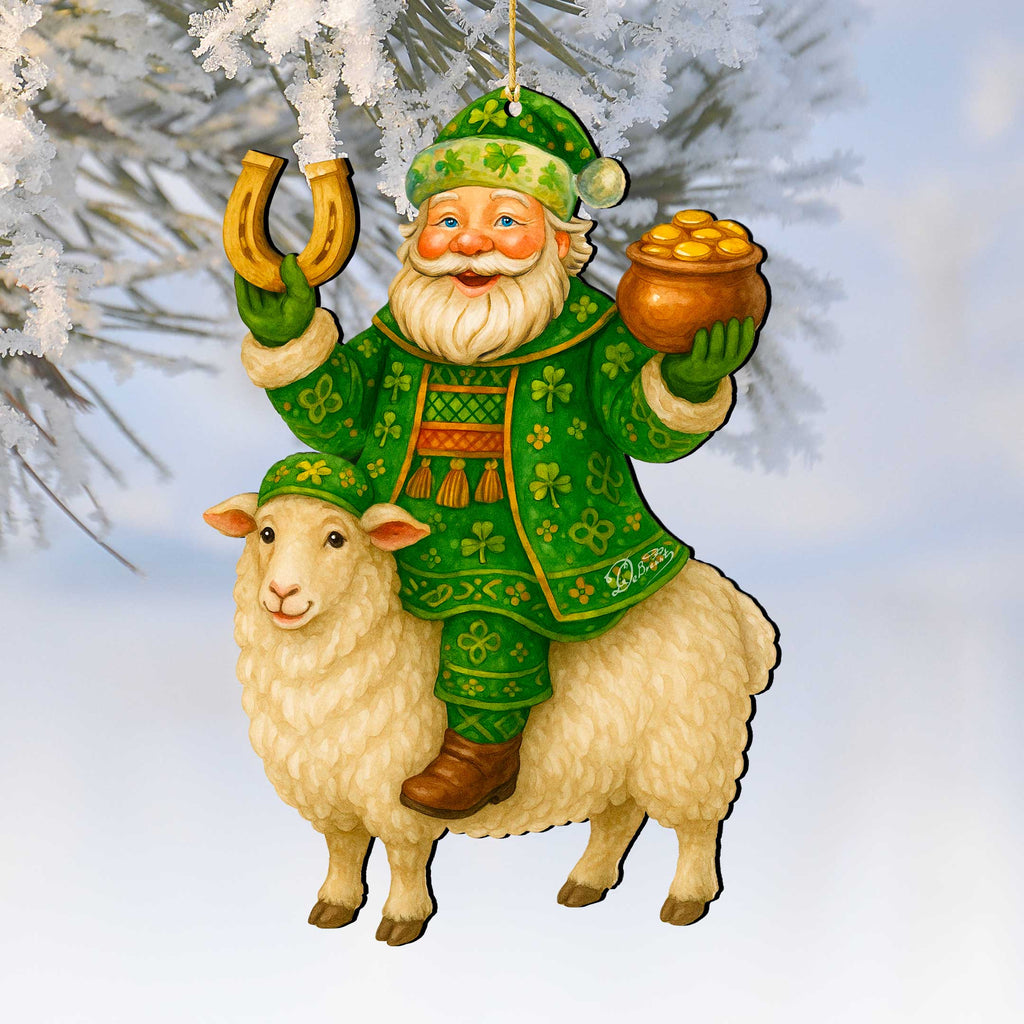 Wooden Irish Santa Ornament – Shamrock Santa on Sheep with Pot of Gold by G. DeBrekht - Christmas Santa Snowman Decor – 8652843