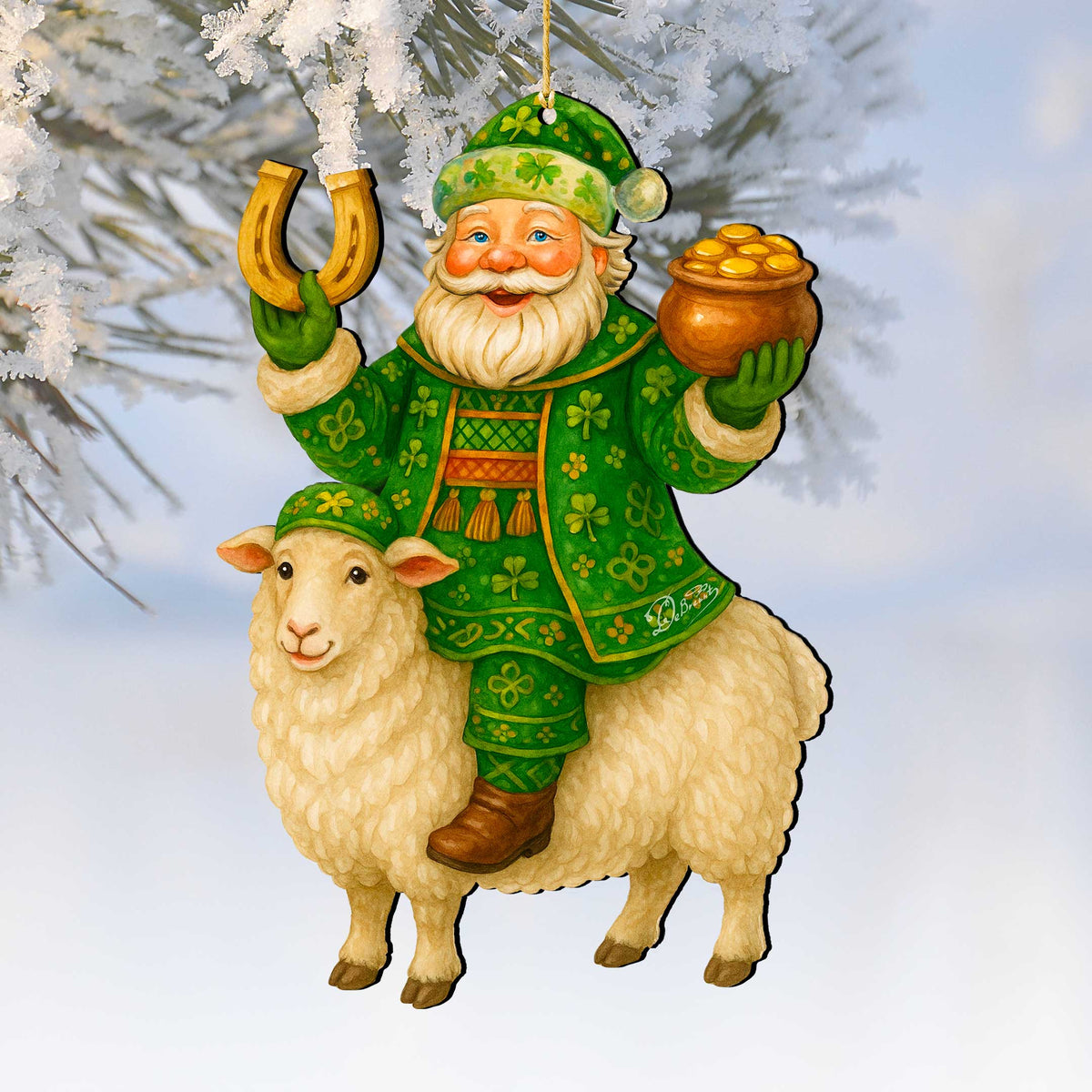 Wooden Irish Santa Ornament – Shamrock Santa on Sheep with Pot of Gold by G. DeBrekht - Christmas Santa Snowman Decor – 8652843