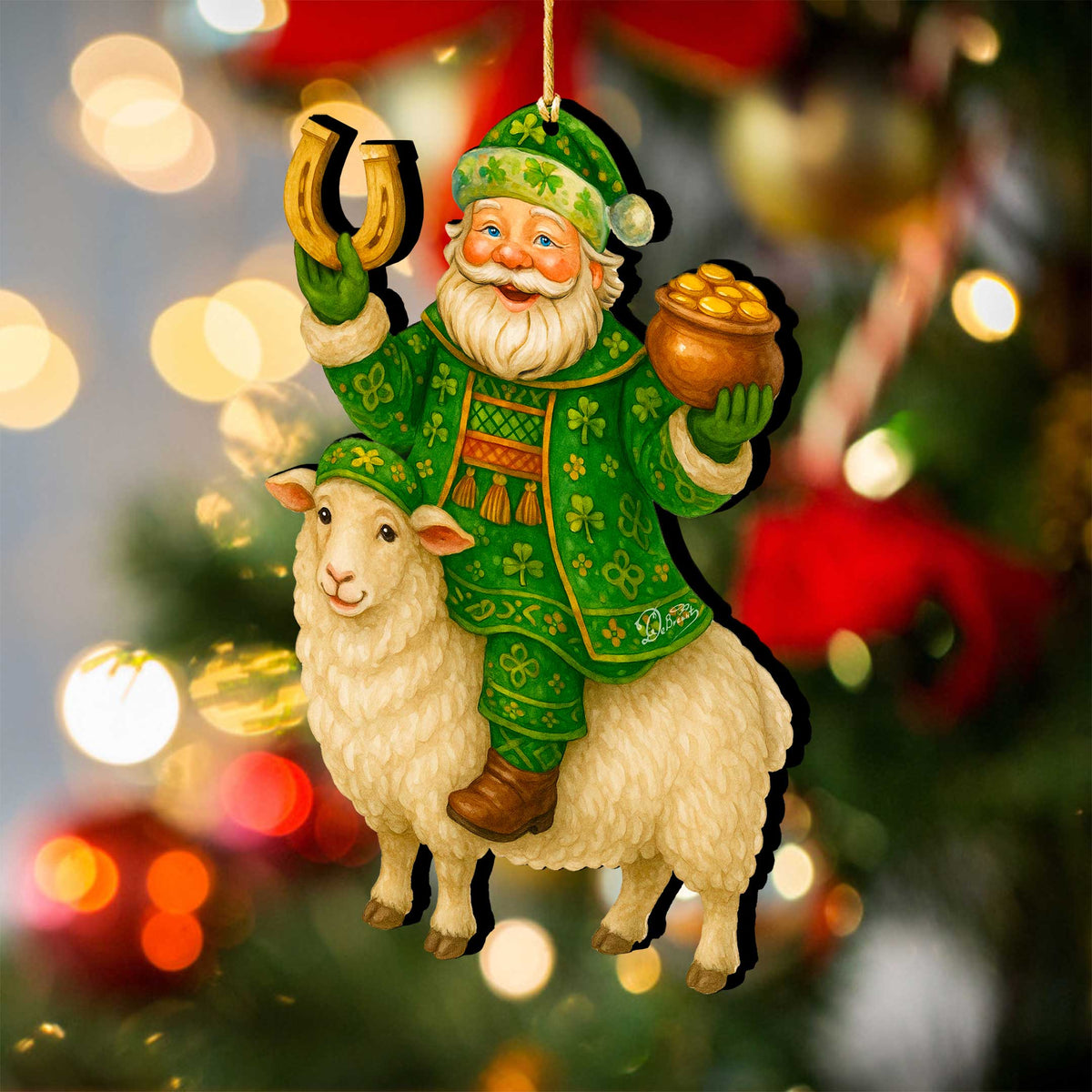 Wooden Irish Santa Ornament – Shamrock Santa on Sheep with Pot of Gold by G. DeBrekht - Christmas Santa Snowman Decor – 8652843