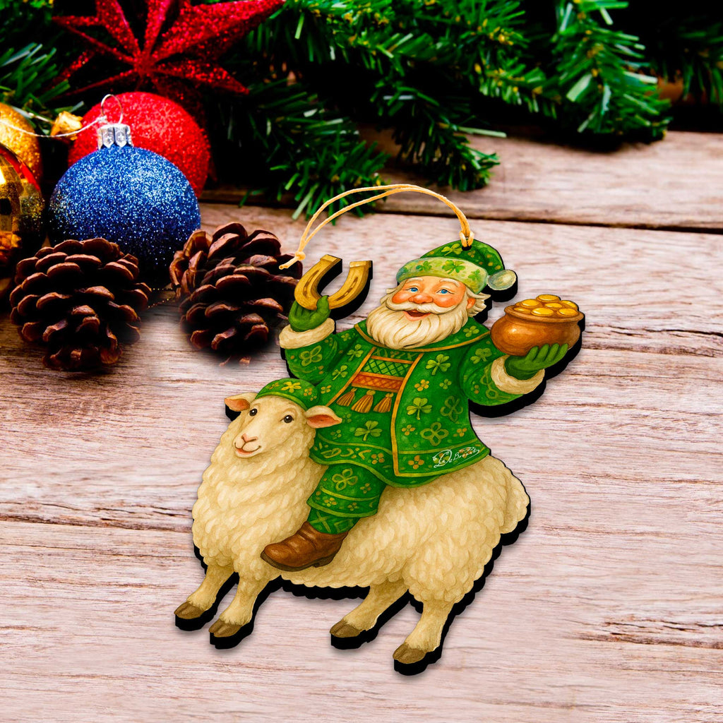 Wooden Irish Santa Ornament – Shamrock Santa on Sheep with Pot of Gold by G. DeBrekht - Christmas Santa Snowman Decor – 8652843