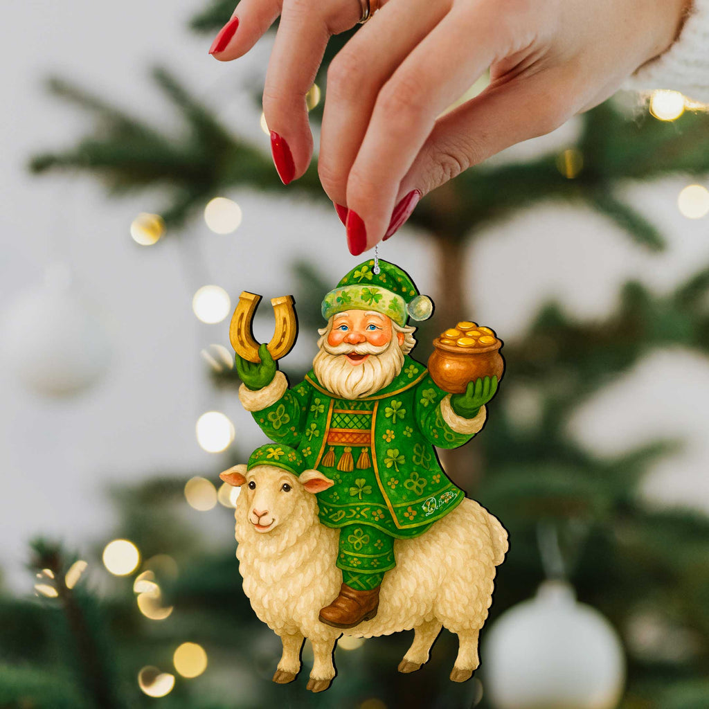 Wooden Irish Santa Ornament – Shamrock Santa on Sheep with Pot of Gold by G. DeBrekht - Christmas Santa Snowman Decor – 8652843