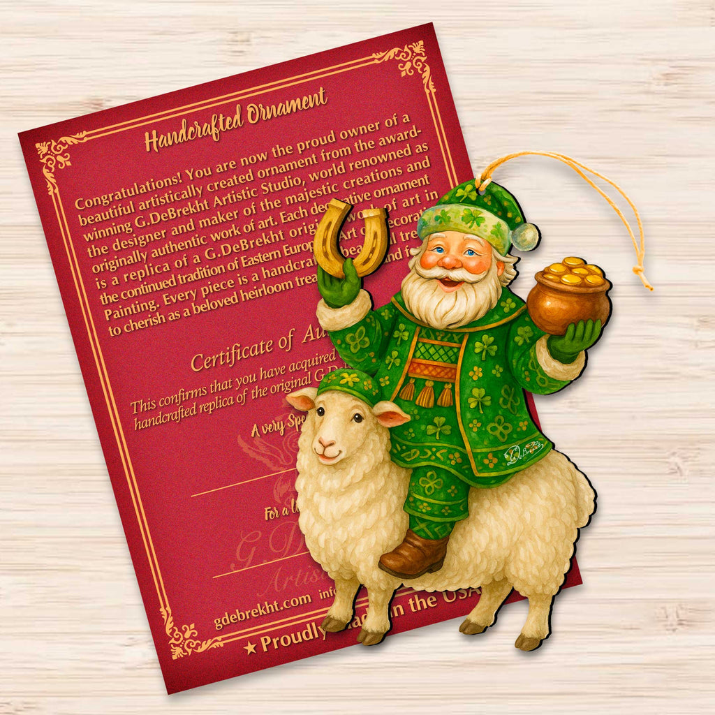Wooden Irish Santa Ornament – Shamrock Santa on Sheep with Pot of Gold by G. DeBrekht - Christmas Santa Snowman Decor – 8652843