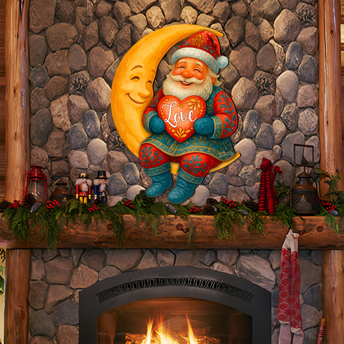 Santa on the Moon Love Christmas Door Hanger – Handcrafted Holiday Door Décor by G. Debrekht – 8652844H