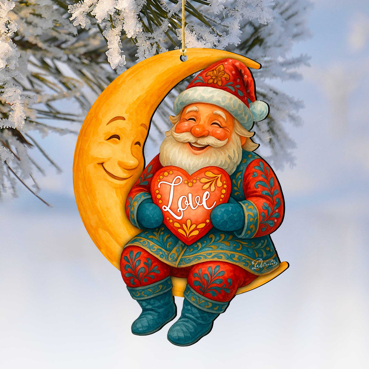 Santa with Love Heart Wooden Ornament – Santa on Crescent Moon Handcrafted Christmas Tree Decor by G. DeBrekht - Christmas Santa Snowman Decor - 8652844